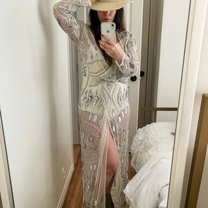 Art Deco Silver Embellished Maxi Kimono Wrap Dress
